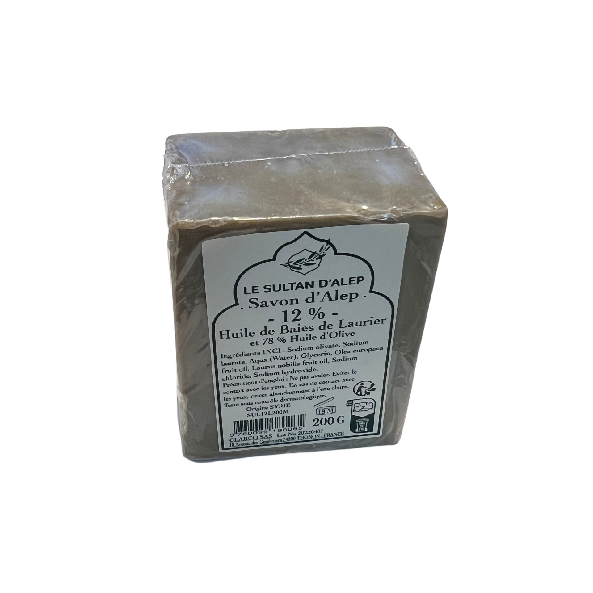 Savon d'Alep - 12% laurier et 78% huile d'olive - 200g