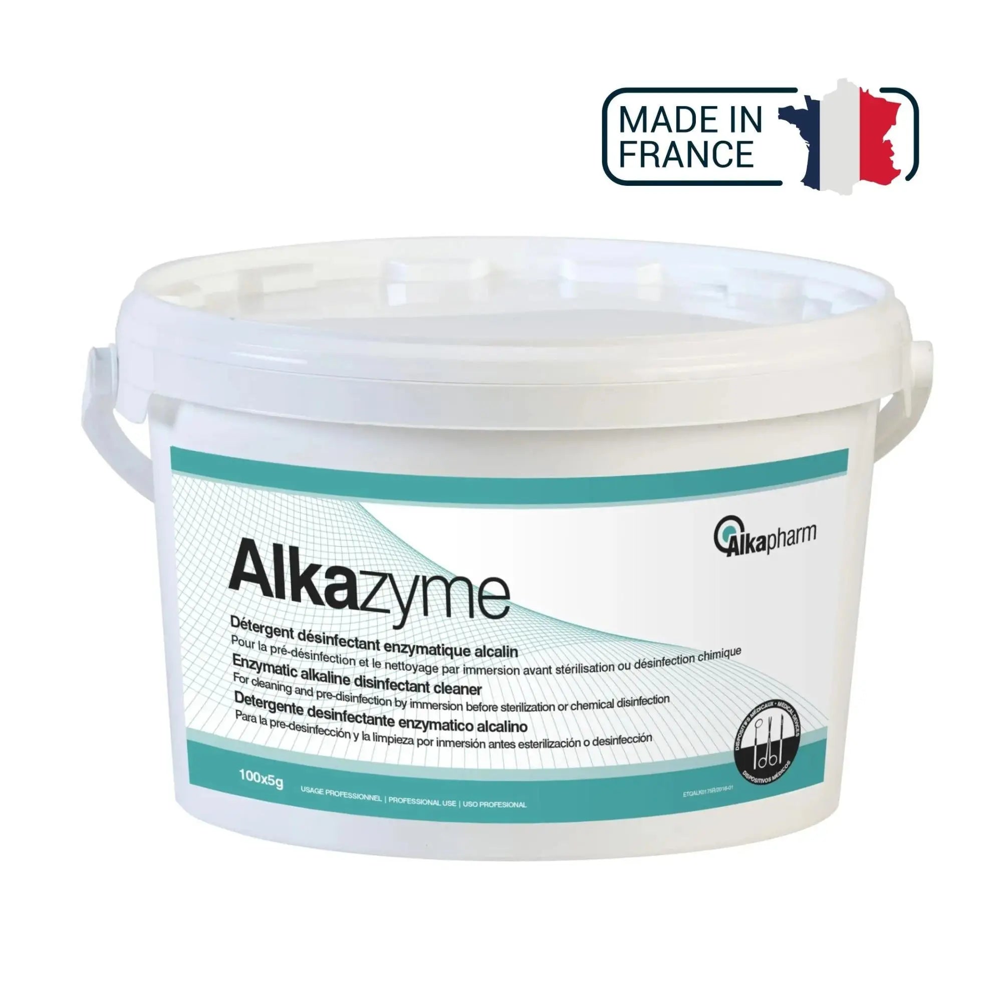 Alkazyme - Détergent désinfectant enzymatique alcalin - Seau - 100 x 5 g - Alkapharm